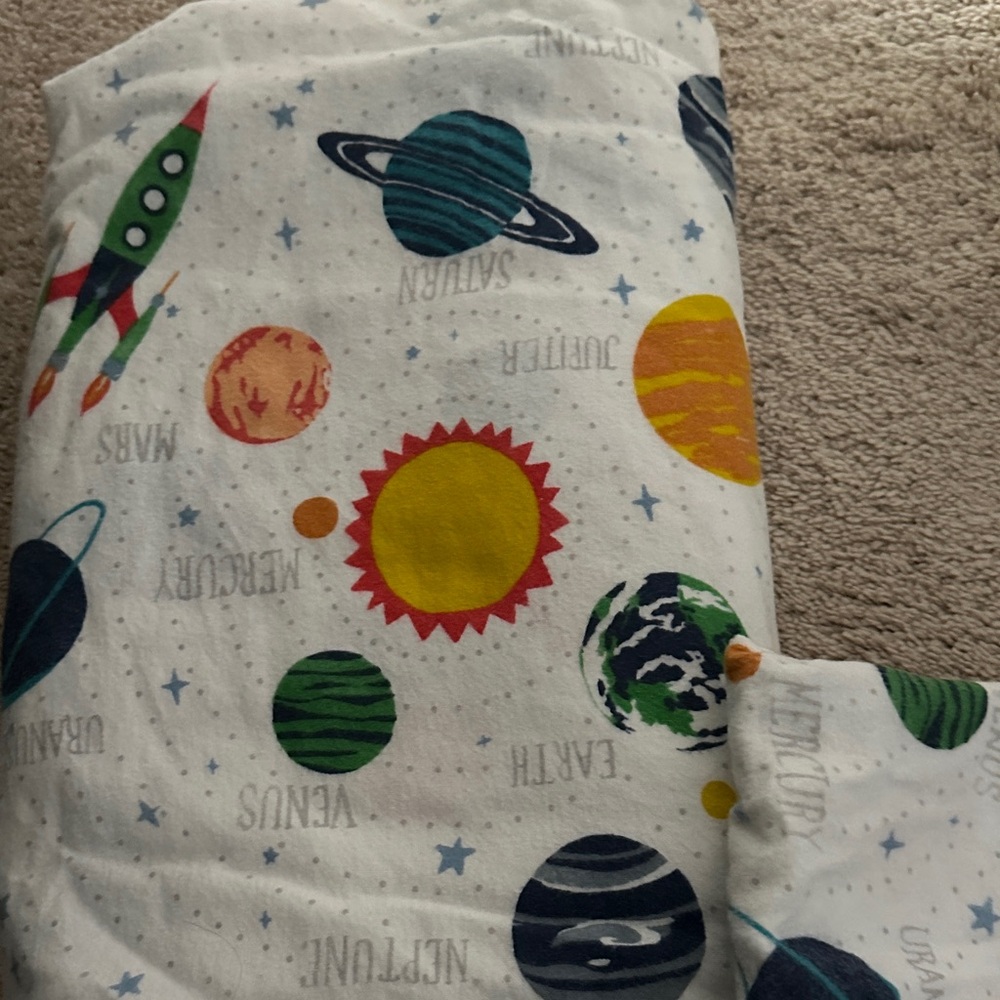 Pottery Barn Kids Space Rocket & Planet Sheet Set in White, Green, Yellow, Blue